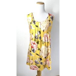 Yellow Floral Rose Print Sleeveless Swing Dress Pleated Bodice Women's Size XL